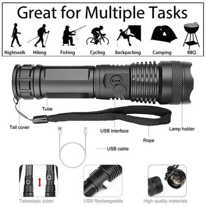 XHP100 Ultra Bright LED Flashlight - 5 Modes, USB Rechargeable